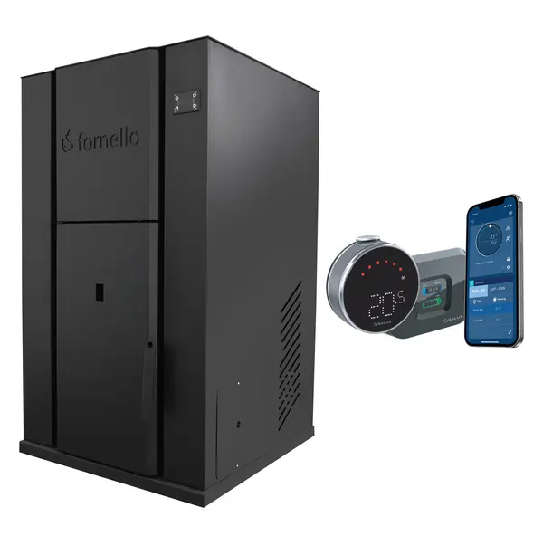 Pachet control de la distanta Centrala monobloc pe peleti Fornello Pellet King 35 kw, pompa, vas de expansiune, supapa, automatizare, tiraj fortat, buncar peleti 80 litri, aprindere automata si termostat Wi-Fi Salus IT 800