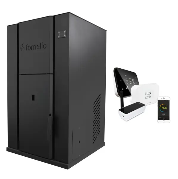 Pachet control de la distanta Centrala monobloc pe peleti Fornello Pellet King 35 kw, pompa, vas de expansiune, supapa, automatizare, tiraj fortat, buncar peleti 80 litri, aprindere automata si termostat Wi-Fi Salus IT 500