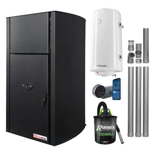 Pachet control de la distanta, Centrala pe peleti Fornello Fiama Confort B 25 kw, complet echipata pentru incalzire, Pompa, Vas expansiune, Automatizare, Boiler 100 litri, Termostat Salus IT 800, Aspirator Cenusa si Kit evacuare 3.5 ml