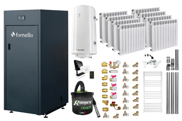 Pachet control de la distanta Centrala pe peleti Fornello King Plus 30 KW, calorifere aluminiu, boiler, termostat, aspirator, kit evacuare, fitinguri, pompa de circulatie, vas de expansiune, supapa de siguranta, automatizare, rezervor pentru peleti 1
