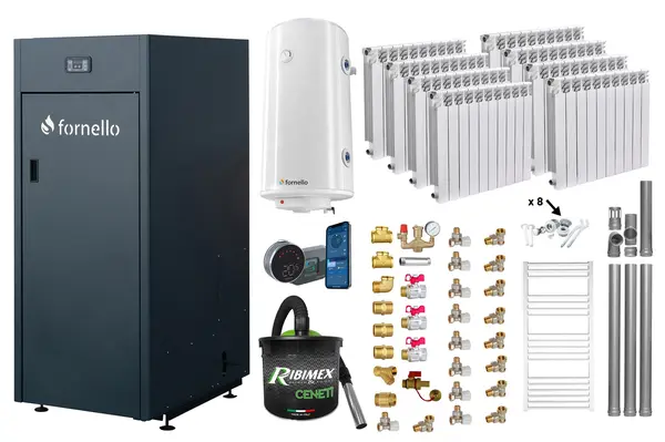 Pachet control de la distanta Centrala pe peleti Fornello King Plus 30 KW, calorifere aluminiu, boiler, termostat, aspirator, kit evacuare, fitinguri, pompa de circulatie, vas de expansiune, supapa de siguranta, automatizare, rezervor pentru peleti 1