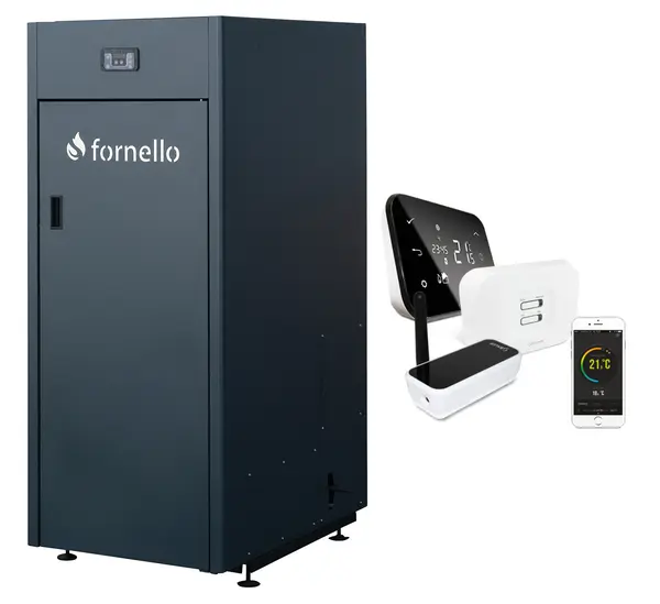 Pachet control de la distanta, Centrala pe peleti Fornello King Plus 30 KW, termostat, pompa de circulatie, vas de expansiune, supapa de siguranta, automatizare, rezervor pentru peleti 125 kg, creuzet din fonta, tiraj fortat