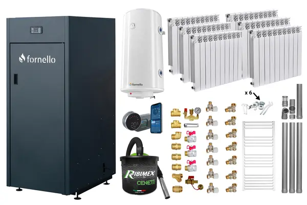 Pachet control de la distanta Centrala pe peleti Fornello King Plus 25 KW, calorifere aluminiu, boiler, termostat, aspirator, kit evacuare, fitinguri, pompa de circulatie, vas de expansiune, supapa de siguranta, automatizare, rezervor pentru peleti 1