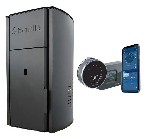 Pachet control de la distanta Centrala pe peleti Fornello Royal BLACK 30 kw, complet echipat cu pompa de circulatie, vas expansiune, supapa de siguranta, buncar 30 kg, automatizare, culoare negru, pana la 200 mp si termostat Wi-Fi Salus IT 500