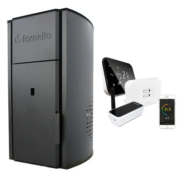 Pachet control de la distanta Centrala pe peleti Fornello Royal B 25 KW, pompa circulatie, vas expansiune, telecomanda, buncar tiraj fortat, recomandat pentru 160 mp si termostat Wi-Fi Salus IT 500