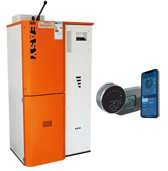 Pachet control de la distanta Centrala pe peleti Fornello Slimpel Easy 40 kw, arzator din inox, pompa, tiraj fortat, buncar 88 kg si termostat Wi-Fi Salus IT 800