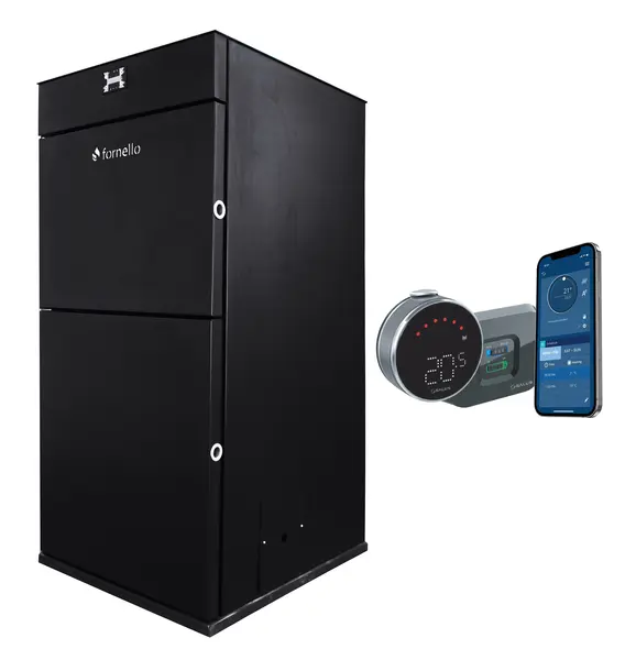 Pachet control de la distanta Centrala peleti Fornello Pellet King 25 kw, pompa, vas expansiune, telecomanda, buncar 70 kg, tiraj fortat, aprindere automata, curatare facila si si termostat Wi-Fi Salus IT 800