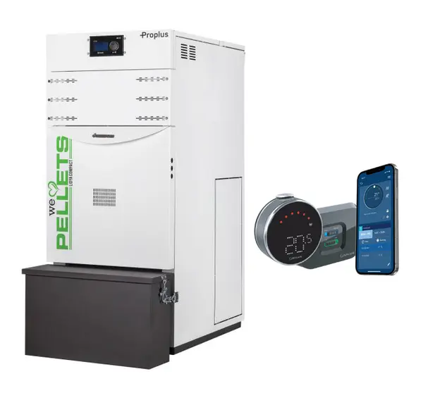 Pachet control de la distanta Centrala termica automata pe peleti Fornello Lidya Compact Proplus 25 kw, pompa Grundfos, vas, manometru, supapa, arzator inox, curatare automata arzator / schimbator si termostat Wi-Fi Salus IT 800