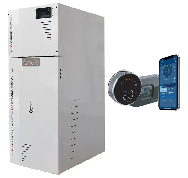 Pachet control de la distanta Centrala termica compacta pe peleti Fornello Rossi Camino Compact 25 kw, pompa, vas expansiune, tiraj fortat, arzator inox, si termostat Wi-Fi Salus IT 800
