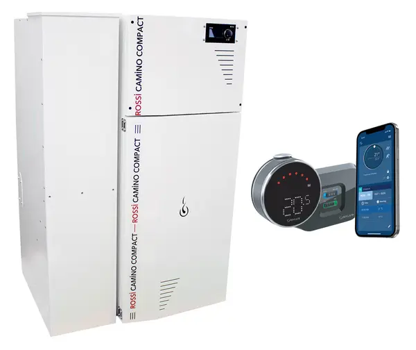 Pachet control de la distanta Centrala termica compacta pe peleti Fornello Rossi Camino Compact 35 kw, pompa, vas expansiune, tiraj fortat, cu rezervor 153 l, arzator inox si termostat Wi-Fi Salus IT 800