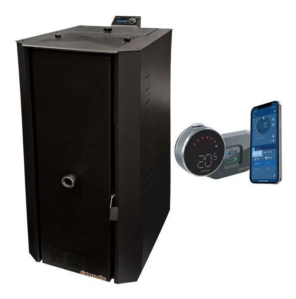 Pachet control de la distanta Centrala termica pe peleti Fornello Rossi B Black 25 kw, pompa de circulatie, vas expansiune, tiraj fortat, curatare facila a drumurilor de fum, Ecodesign, A+ si termostat Salus IT 800