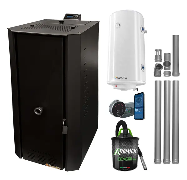 Pachet control de la distanta Centrala termica pe peleti Fornello Rossi B Black 25 kw, pompa de circulatie, vas expansiune, tiraj fortat, Ecodesign, A+, Boiler Termoelectric Fornello 100 l, Termostat Salus IT 800, Aspirator si Kit evacuare 3.5 ml