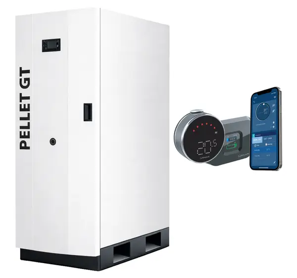Pachet control de la distanta Centrala termica pe peleti Fornello GT 30 Standard, echipata cu pompa circulatie, vas expansiune, manometru si termostat Wi-Fi Salus IT 800