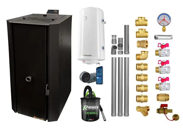 Pachet control de la distanta Centrala termica pe peleti Fornello Rossi B Black 25 kw, pompa, vas expansiune, tiraj fortat, Ecodesign, A+, Boiler Termoelectric Fornello 100 l, Termostat Salus IT 800, Aspirator, Kit evacuare 3.5 ml si Fitinguri montaj