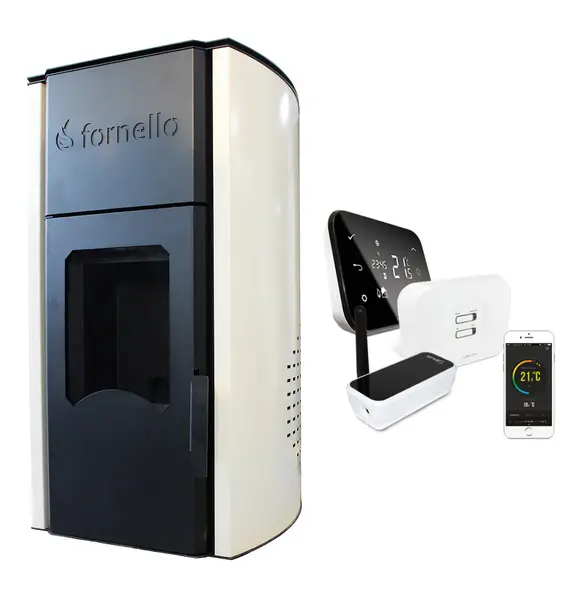 Pachet control de la distanta Termosemineu centrala peleti Fornello Royal Ivory 25 kw, complet echipat pentru incalzire, pompa, vas expansiune, automatizare, telecomanda, buncar peleti tiraj fortat si termostat Wi-Fi Salus IT 500
