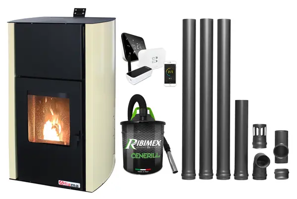 Pachet control de la distanta, Termosemineu pe peleti Fornello Fiama Confort 25 kw, complet echipat pentru incalzire, Pompa, Vas expansiune, Automatizare, Termostat ambiental Salus IT 500, Aspirator Cenusa si Kit evacuare 3.5 ml