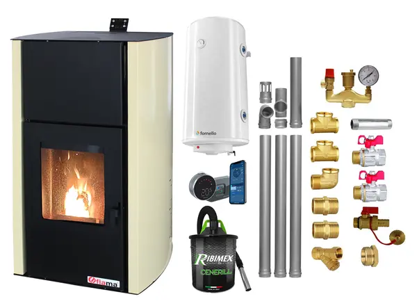 Pachet control de la distanta Termosemineu pe peleti Fornello Fiama Confort 30 kW, cu pompa, vas expansiune, automatizare, boiler, termostat, aspirator, kit evacuare 3.5 ml, fitinguri, buncar 35 kg, culoare crem, pana la 200 mp