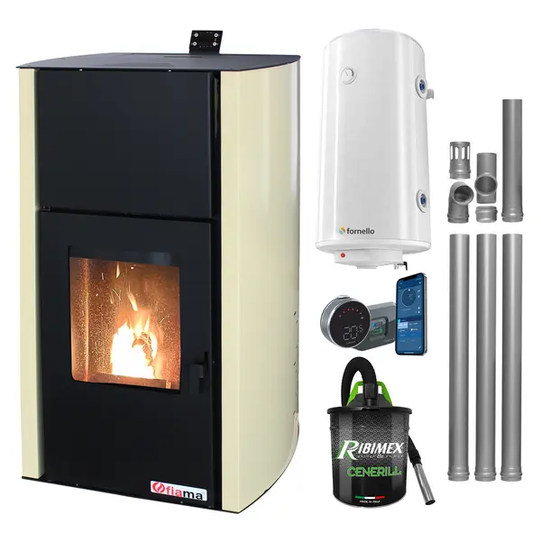 Pachet control de la distanta, Termosemineu pe peleti Fornello Fiama Confort 12 kw, complet echipat pentru incalzire, Pompa, Vas expansiune, Automatizare, Boiler 100 litri, Termostat Salus IT 800, Aspirator Cenusa si Kit evacuare 3.5 ml