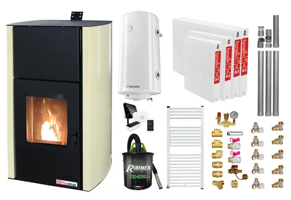 Pachet control de la distanta, Termosemineu pe peleti Fornello Fiama Confort 18 kw, Pompa, Vas expansiune, Automatizare, Radiatoare otel, Boiler 100 litri, Termostat, Aspirator, Kit 3.5 ml si Fitinguri montaj
