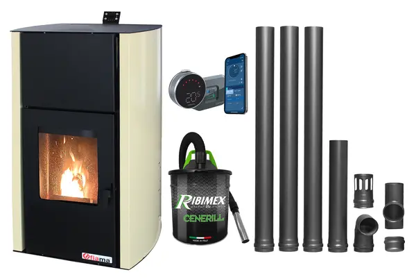 Pachet control de la distanta, Termosemineu pe peleti Fornello Fiama Confort 25 kw, complet echipat pentru incalzire, Pompa, Vas expansiune, Automatizare, Termostat ambiental Salus IT 800, Aspirator Cenusa si Kit evacuare 3.5 ml