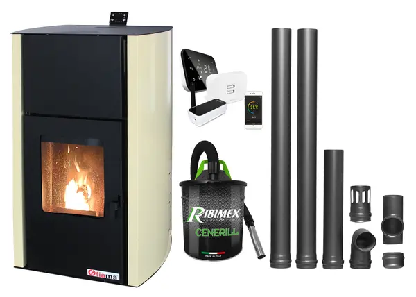 Pachet control de la distanta Termosemineu pe peleti Fornello Fiama Confort 30 kW, cu pompa, vas expansiune, automatizare, termostat, aspirator, kit evacuare 2.5 ml, buncar 35 kg, tiraj fortat, culoare crem, pana la 200 mp