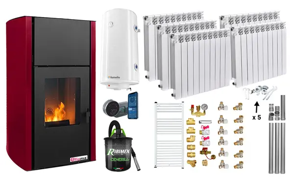 Pachet control de la distanta, Termosemineu pe peleti Fornello Fiama Confort 25 kw, culoare Bordeaux, Pompa, Vas expansiune, Automatizare, Calorifere aluminiu Fornello Alvo, Boiler 100 litri, Termostat, Aspirator, Kit 3.5 ml si Fitinguri montaj