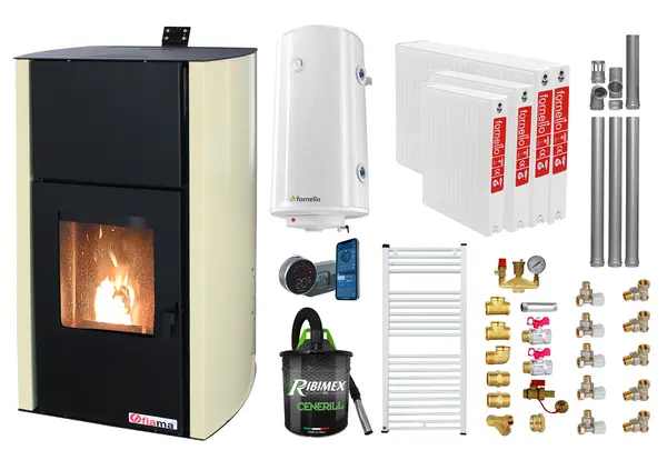 Pachet control de la distanta, Termosemineu pe peleti Fornello Fiama Confort 25 kw, Pompa, Vas expansiune, Automatizare, Radiatoare otel, Boiler 100 litri, Termostat, Aspirator, Kit 3.5 ml si Fitinguri montaj