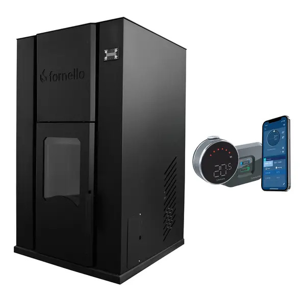 Pachet control de la distanta Termosemineu pe peleti Fornello Pellet King 40 kw, pompa, vas de expansiune, supapa de siguranta, automatizare, tiraj fortat, buncar peleti 100 litri, aprindere automata si termostat Wi-Fi Salus IT 800