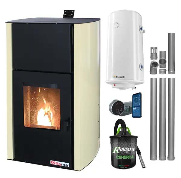 Pachet control de la distanta, Termosemineu pe peleti Fornello Fiama Confort 25 kw, complet echipat pentru incalzire, Pompa, Vas expansiune, Automatizare, Boiler 100 litri, Termostat Salus IT 800, Aspirator Cenusa si Kit evacuare 3.5 ml