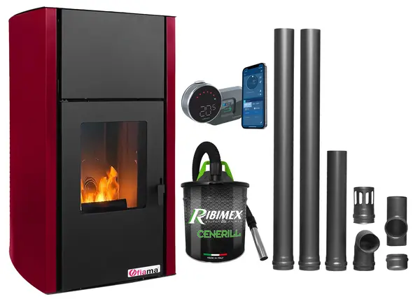 Pachet control de la distanta, Termosemineu pe peleti Fornello Fiama Confort 25 kw, culoare Bordeaux, complet echipat pentru incalzire, Pompa, Vas expansiune, Automatizare, Termostat ambiental Salus IT 800, Aspirator Cenusa si Kit evacuare 2.5 ml