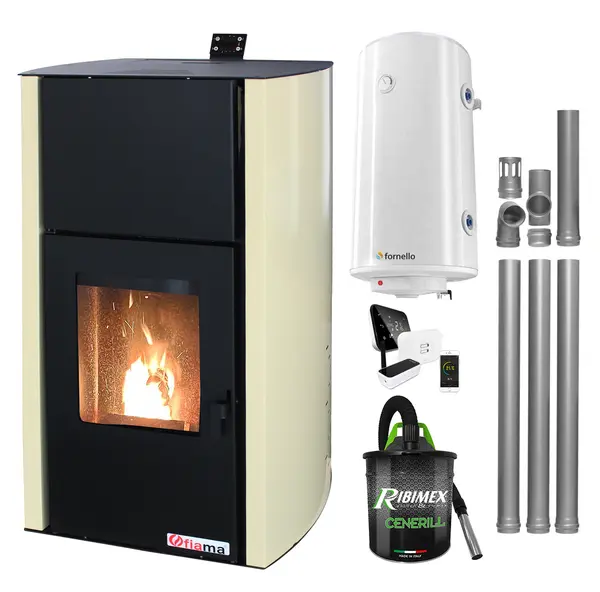 Pachet control de la distanta Termosemineu pe peleti Fornello Fiama Confort 30 kW, cu pompa, vas expansiune, automatizare, boiler, termostat, aspirator, kit evacuare 3.5 ml, buncar 35 kg, tiraj fortat, culoare crem, pana la 200 mp