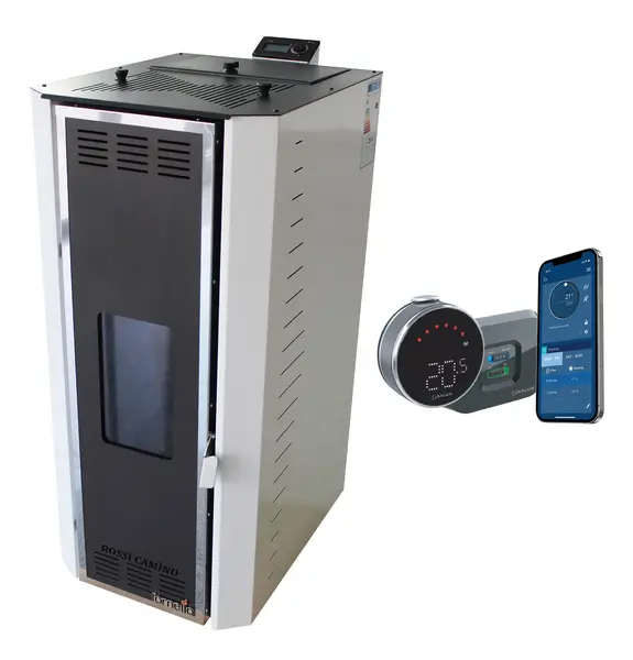 Pachet control de la distanta Termosemineu pe peleti Fornello Camino Rossi 35 kW, pompa Grundfos, vas expansiune, arzator inox si termostat Wi-Fi Salus IT 800