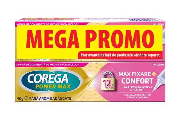 Pachet Crema adeziva pentru proteza Power Max Fixare + Confort, 2 x 40g, Corega