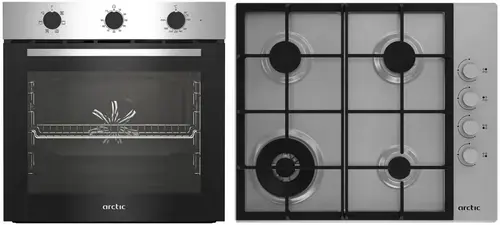 Pachet Cuptor incorporabil Arctic ARSE11130XD, 71 l, Electric, 6 functii, AquaDropClean, Grill, Timer, Clasa A + Plita incorporabila, Gaz, 4 Arzatoare, Aprindere electrica, Wok, 60 cm (Inox)