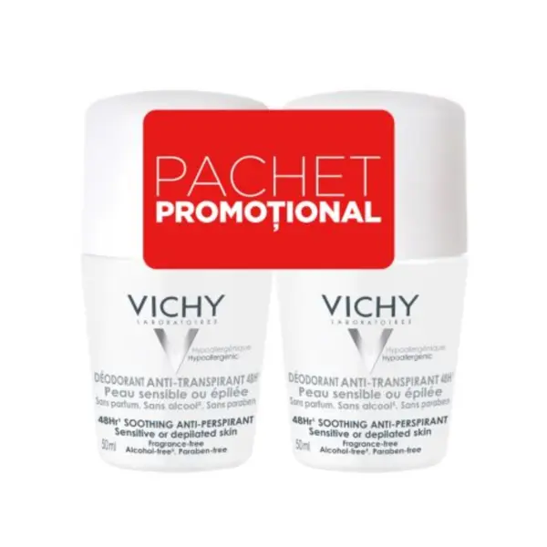 Pachet Deodorant roll-on antiperspirant fara parfum 48h, 50 ml + 50 ml, Vichy