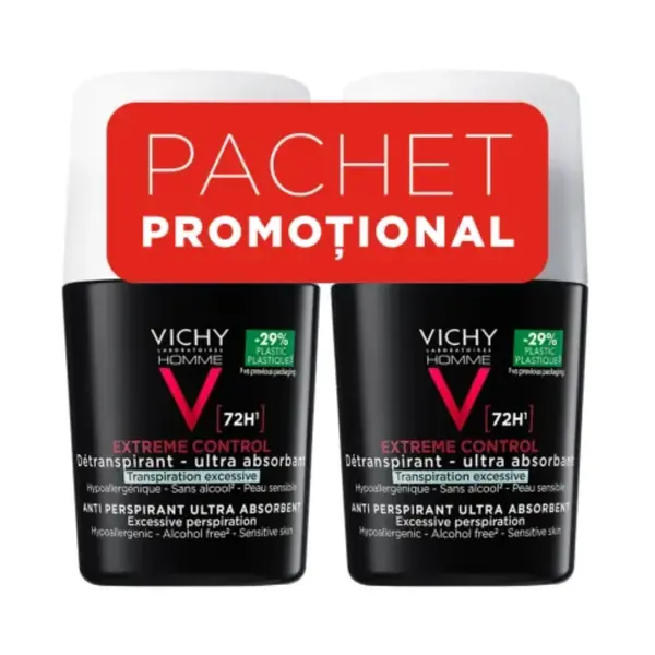 Pachet Deodorant roll-on antiperspirant pentru barbati Control Extrem 72H, 50 ml + 50 ml, Vichy