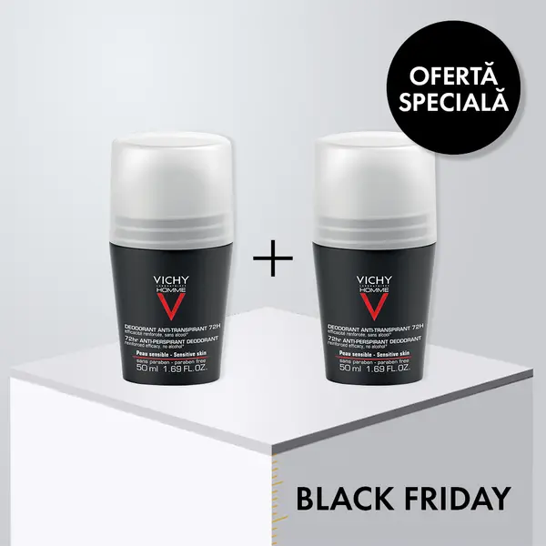 Pachet Deodorant roll-on antiperspirant pentru barbati Control Extrem 72h, 2 x 50ml, Vichy