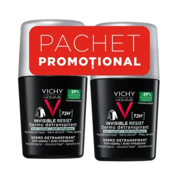 Pachet Deodorant roll-on antiperspirant pentru barbati Invisible Resist 72H, 50 ml + 50 ml, Vichy