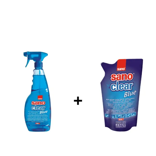 Pachet detergent geamuri Sano Clear Blue 1l + Rezerva soluție 750 ml Sano Clear Blue Refill Pachet detergent geamuri Sano Clear Blue 1l + Rezerva soluție 750 ml Sano Clear Blue Refill