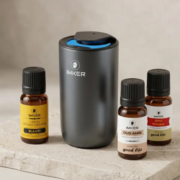 Pachet DISCOVERY difuzor auto camera IMKER AromaLUX XS02.AC Plus, trei rezerve de parfum compatibile best-seller și set mostre gratuite Negru Titan