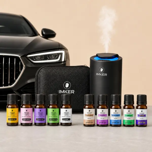 Pachet EXPLORER difuzor auto camera IMKER AromaLUX XS02.AC Plus, geanta si zece rezerve de parfum compatibile (10 ml) Negru Titan