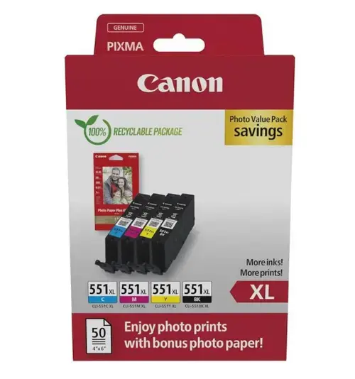 Pachet foto 4 cartuse Canon CLI-551XL BK+C+M+Y + hartie foto 10x15, 50 coli
