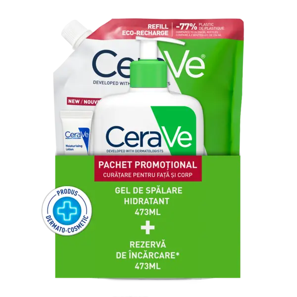 Pachet Gel de spalare hidratant 473ml + Refill Gel de spalare hidratant 473ml + Lotiune hidratanta 5ml, CeraVe