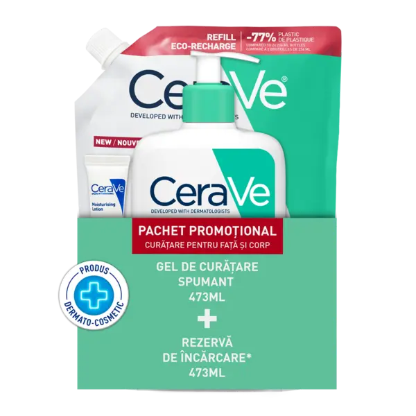Pachet Gel spumant de curatare 473ml + Refill Gel spumant de curatare 473ml + Lotiune hidratanta 5ml, CeraVe