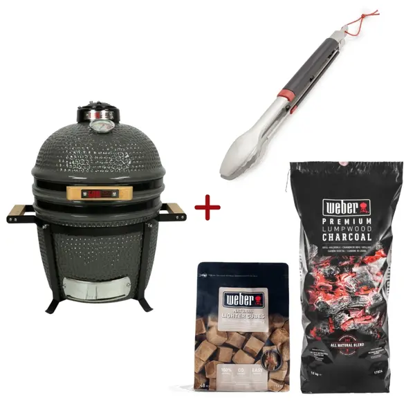 Pachet gratar ceramic kamado Grill Guru + cleste inox + cuburi ecologice aprindere + sac bricheti 10 kg