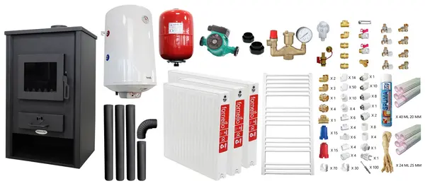 Pachet incalzire si apa calda pentru 2 camere Termosemineu pe lemne, brichete si carbune Fornello PADOVA E, 19.4 kW, 510x500x910 mm, teava PPR si fitinguri, boiler termoelectric 80l, vas expansiune, pompa circulare, calorifere, kit evacuare si kit