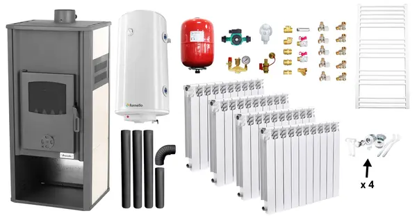 Pachet incalzire si apa calda Termosemineu pe lemne, brichete si carbune Fornello Roma E, Ivory, 22 kW, calorifere aluminiu Fornello Alvo, boiler termoelectric 100l, vas expansiune, pompa circulatie, kit evacuare kit montaj