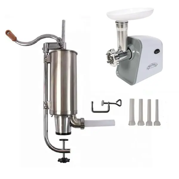 Pachet Masina de Tocat Carne Electrica, 500W, 50-70 kg/h + Masina de Facut Carnati, Carnatar Inox, 4Kg, Vertical, 4 Palnii Incluse