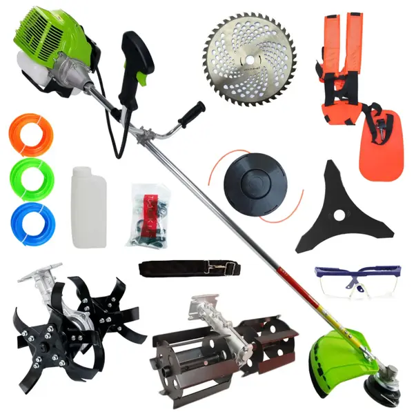 Pachet Motocoasa de umar pe benzina UralMash Campion, 8.5CP, Cultivator, Prasitoare, Ham dublu, Disc vidia, 12.000rpm, Verde Galbena Neagra