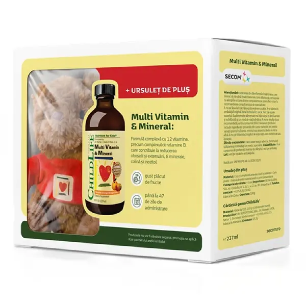 Pachet Multivitamine si minerale pentru copii Childlife Essentials, 237 ml + ursulet de plus, Secom